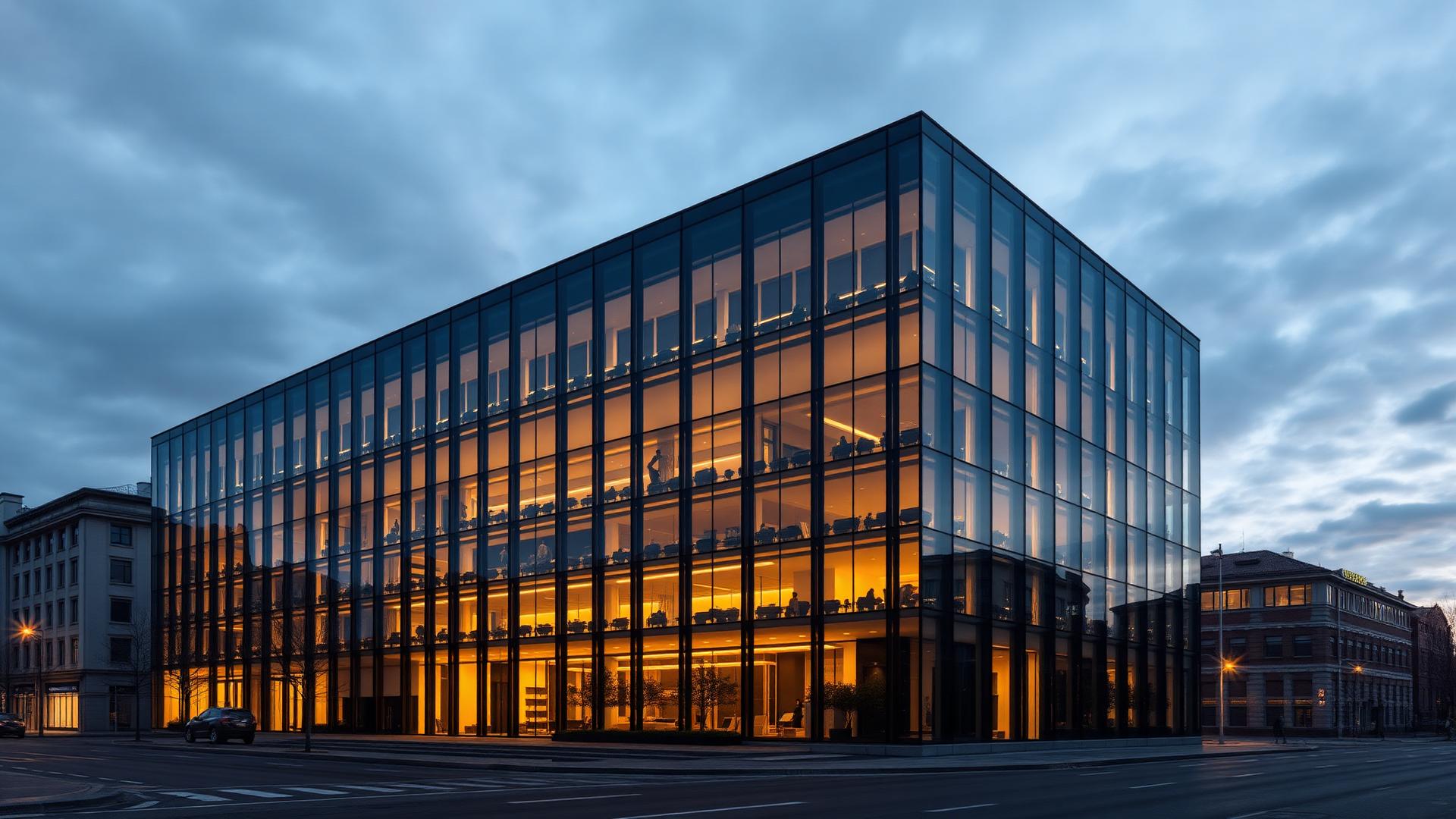 Modernes Geschäftsgebäude der PROPERIUM GROUP bei Dämmerung